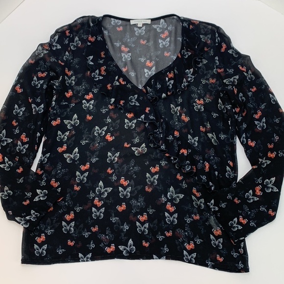Patrizia Pepe Black Sheer Butterfly Print Ruffle Trim Top Size 44 (small… - Picture 16 of 16